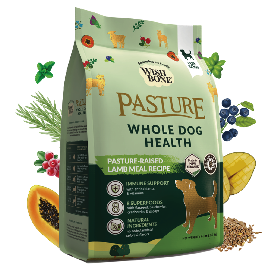 Wishbone Pasture New Zealand Lamb Dry Dog Food, 4 lb bag, gluten-free and grain-free formula for muscle health, digestion, and a shiny coat.